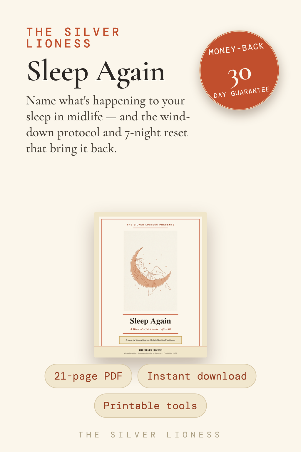Sleep Again — 21-page PDF, instant access, printable tools, 30-day money-back guarantee